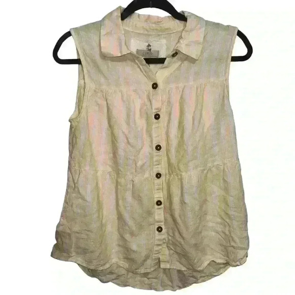 Cupio Women’s Size Medium Tank Shirt Top Yellow White Button Sleeveless Striped - Picture 1 of 4
